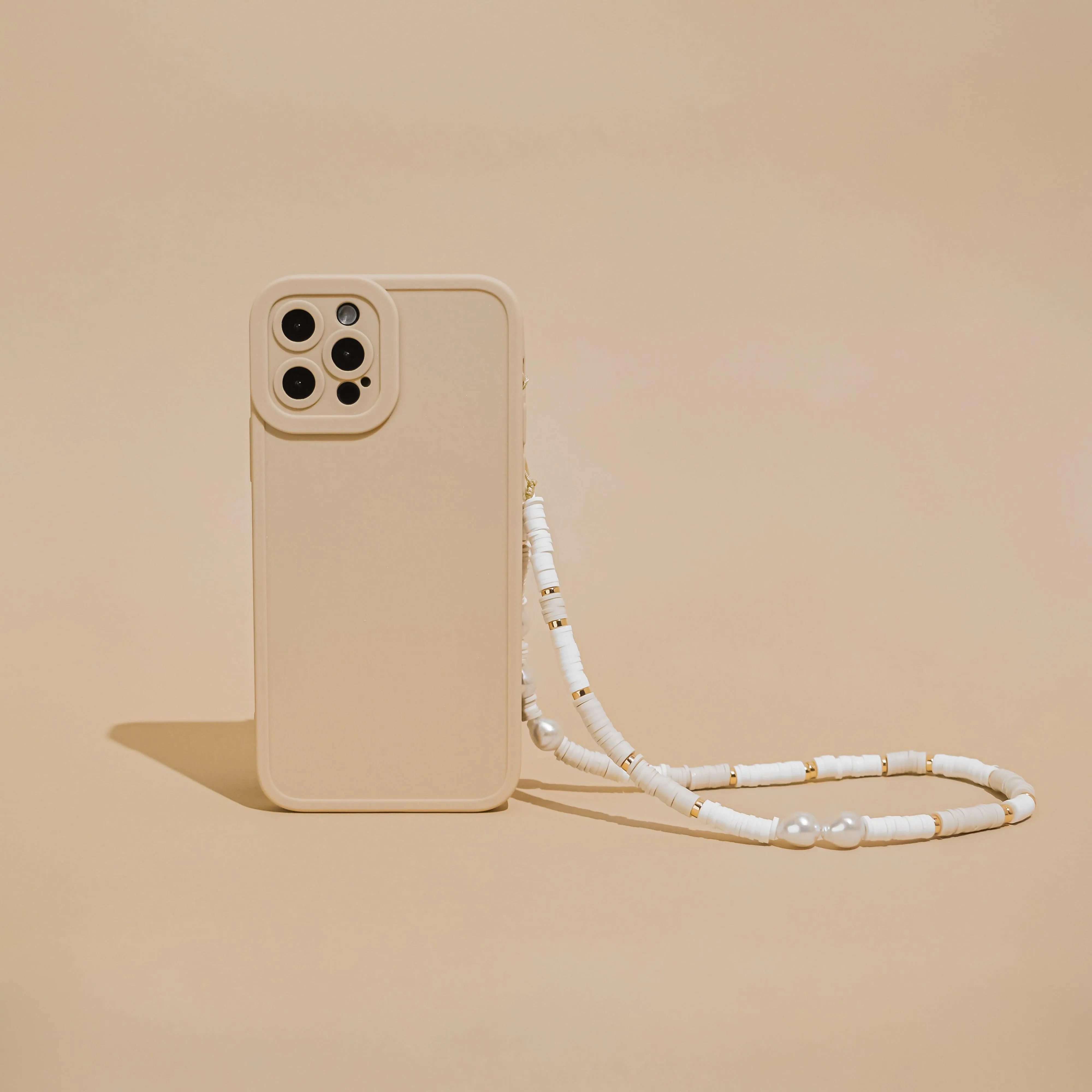 Neck Band Neutral Color Beaded Phone Strap - Nude & Pearl