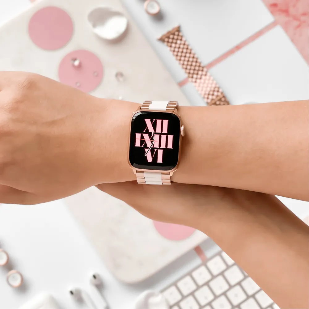 Trendy Look Design Stainless Steel Apple Watch Strap - White & Rose Gold