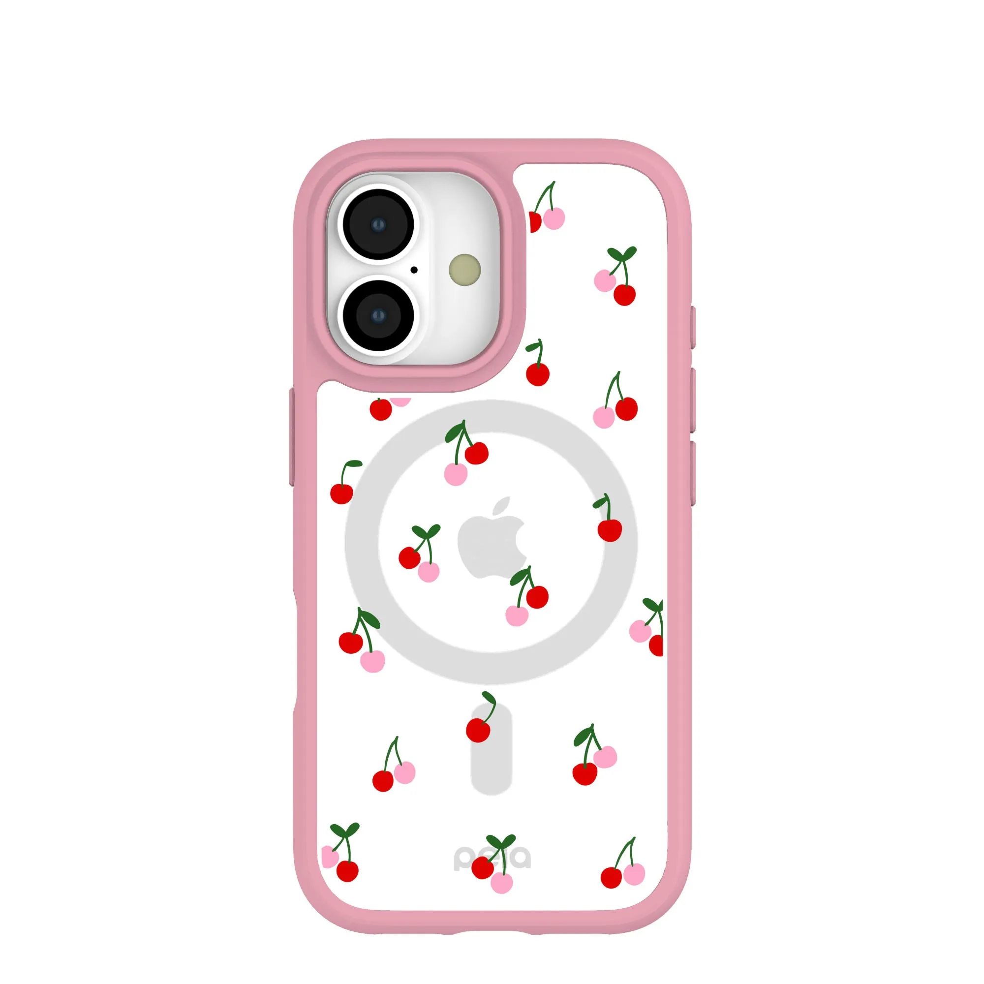 Clear Little Cherries iPhone 17 Case With Petal Pink Ridge (MagSafe included) Soft Surface Layer