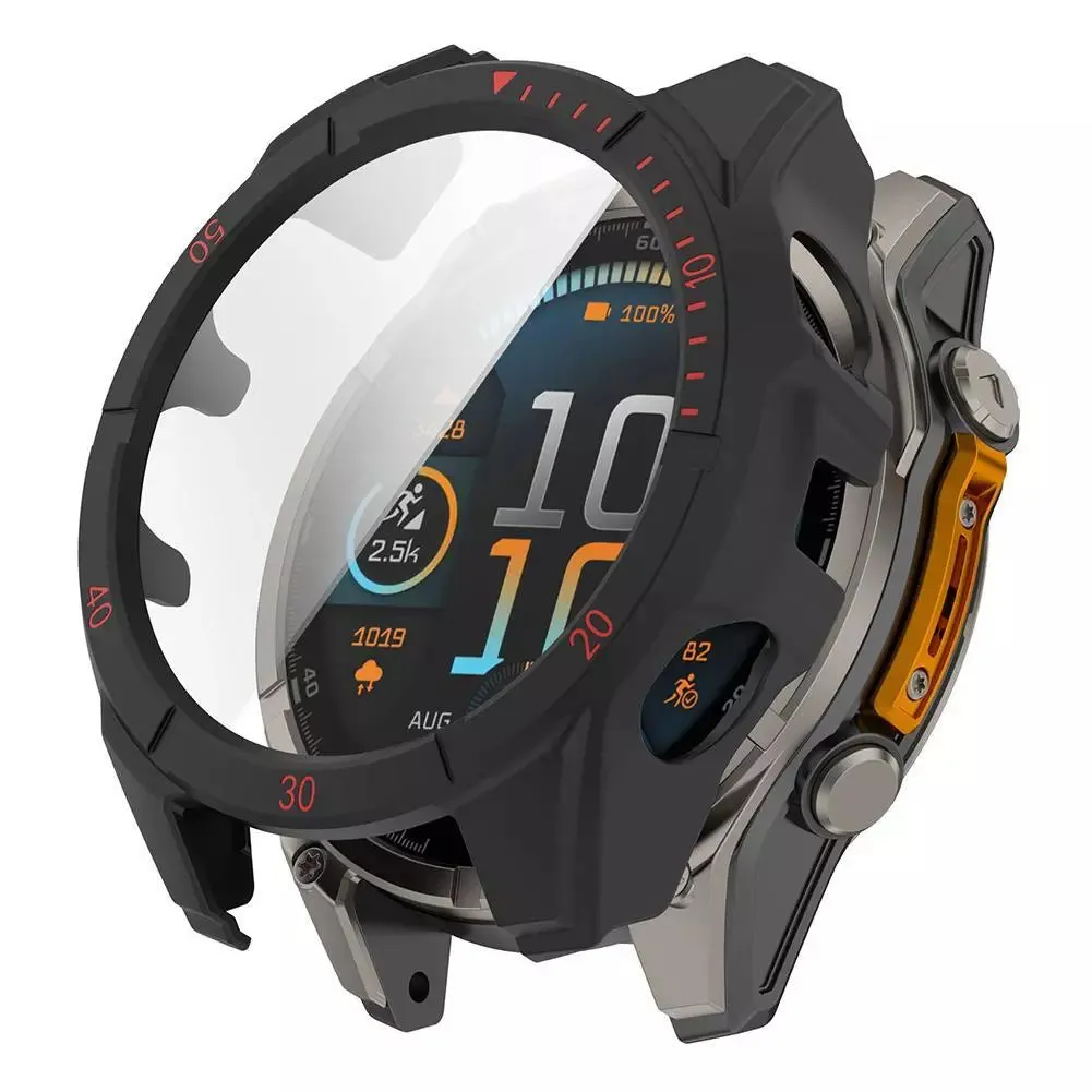 Luxury Armor Cover Garmin Fenix 8 - 51mm AMOLED Hard Case with Glass (Black/Red)