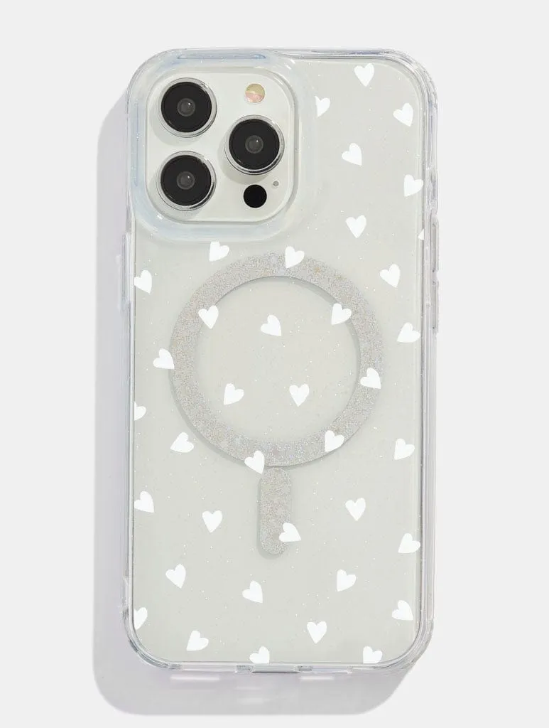White Ditsy Hearts Glitter MagSafe iPhone Case Tough Grip Soft Surface
