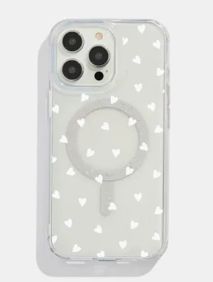 High End Look Student Friendly White Ditsy Hearts Glitter MagSafe iPhone Case