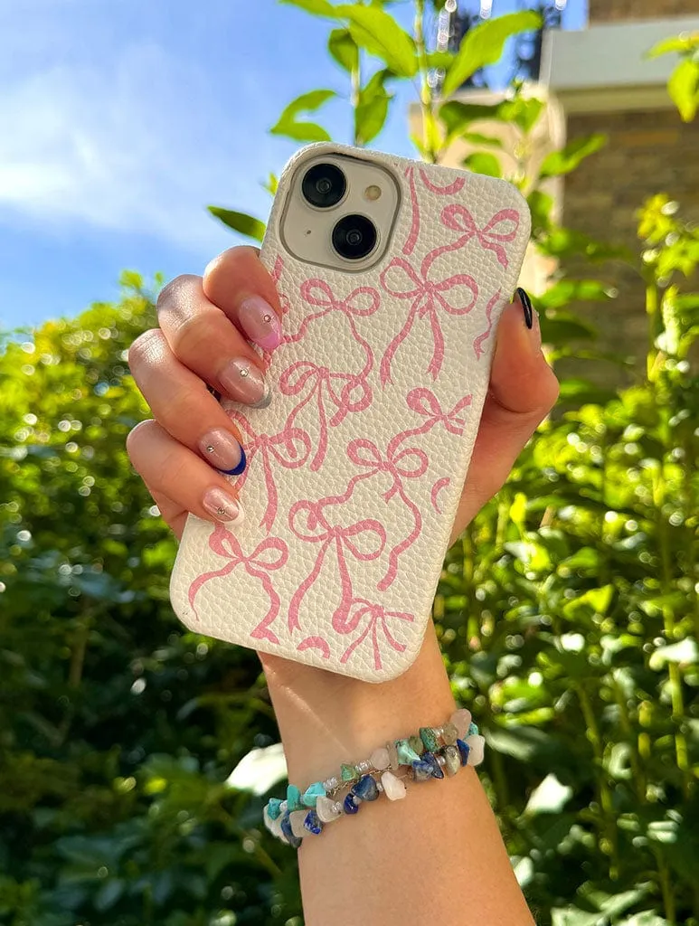 White & Pink Bows Vegan Leather iPhone Case Luxury Detail Texture