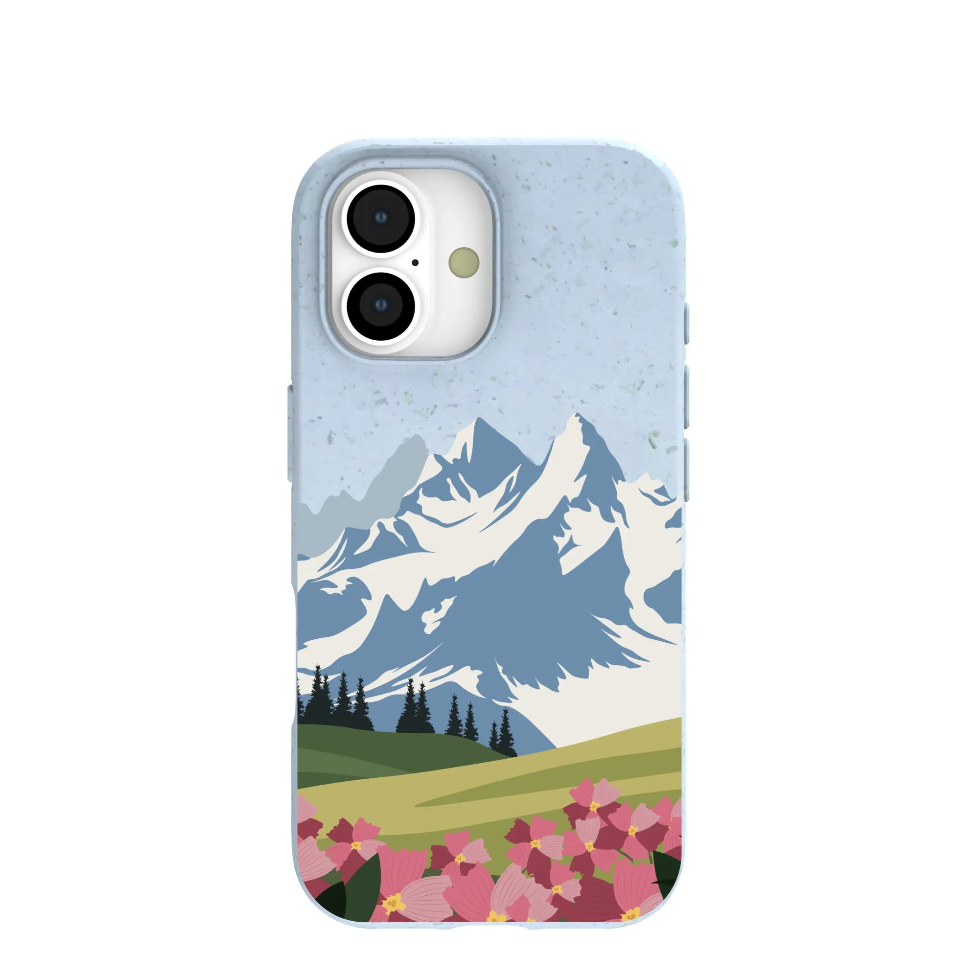 Powder Blue Mountains and Blooms iPhone 17 Case Durable Coating Smooth Texture