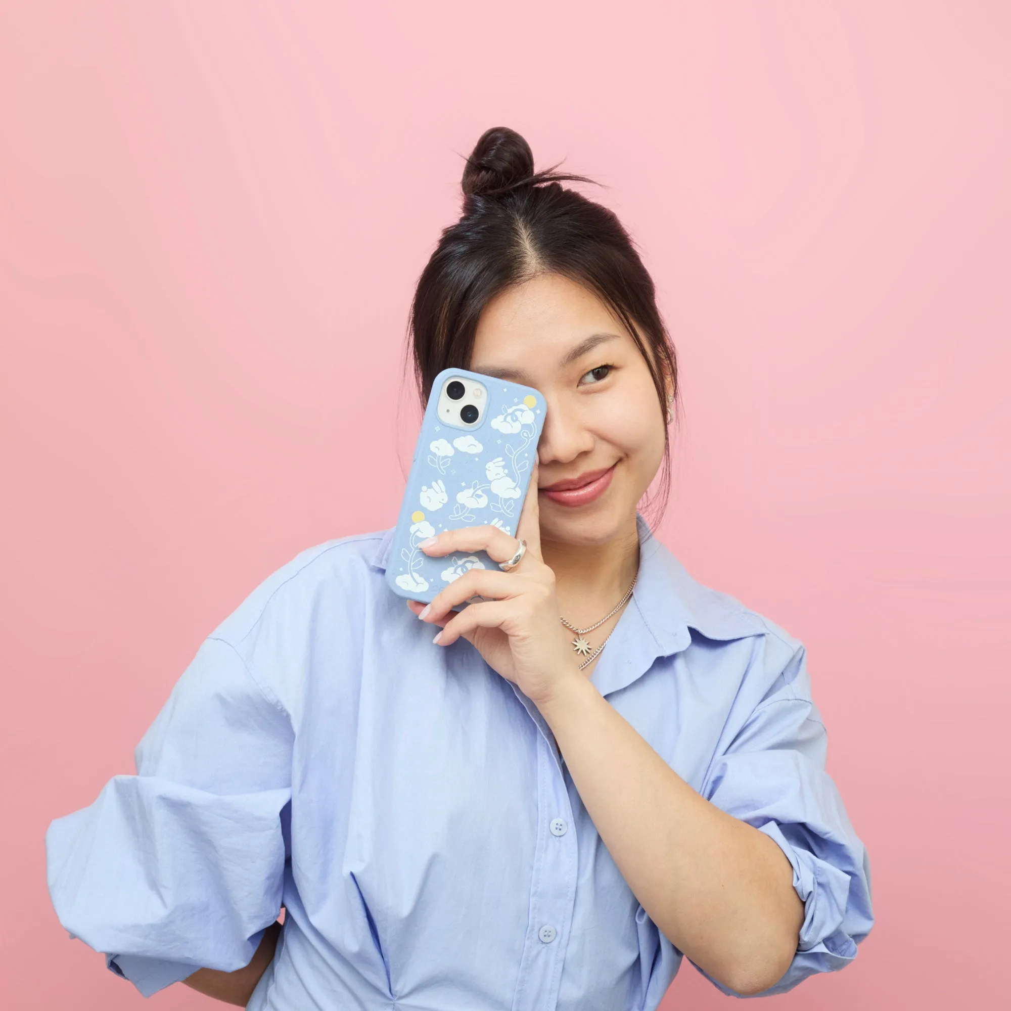 Powder Blue Fluffy Flower iPhone 17 Case Raised Edges Matte Shield Layer