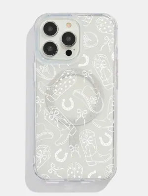 White Coquette Cowgirl Glitter MagSafe iPhone Case Gloss Finish Texture Light Form